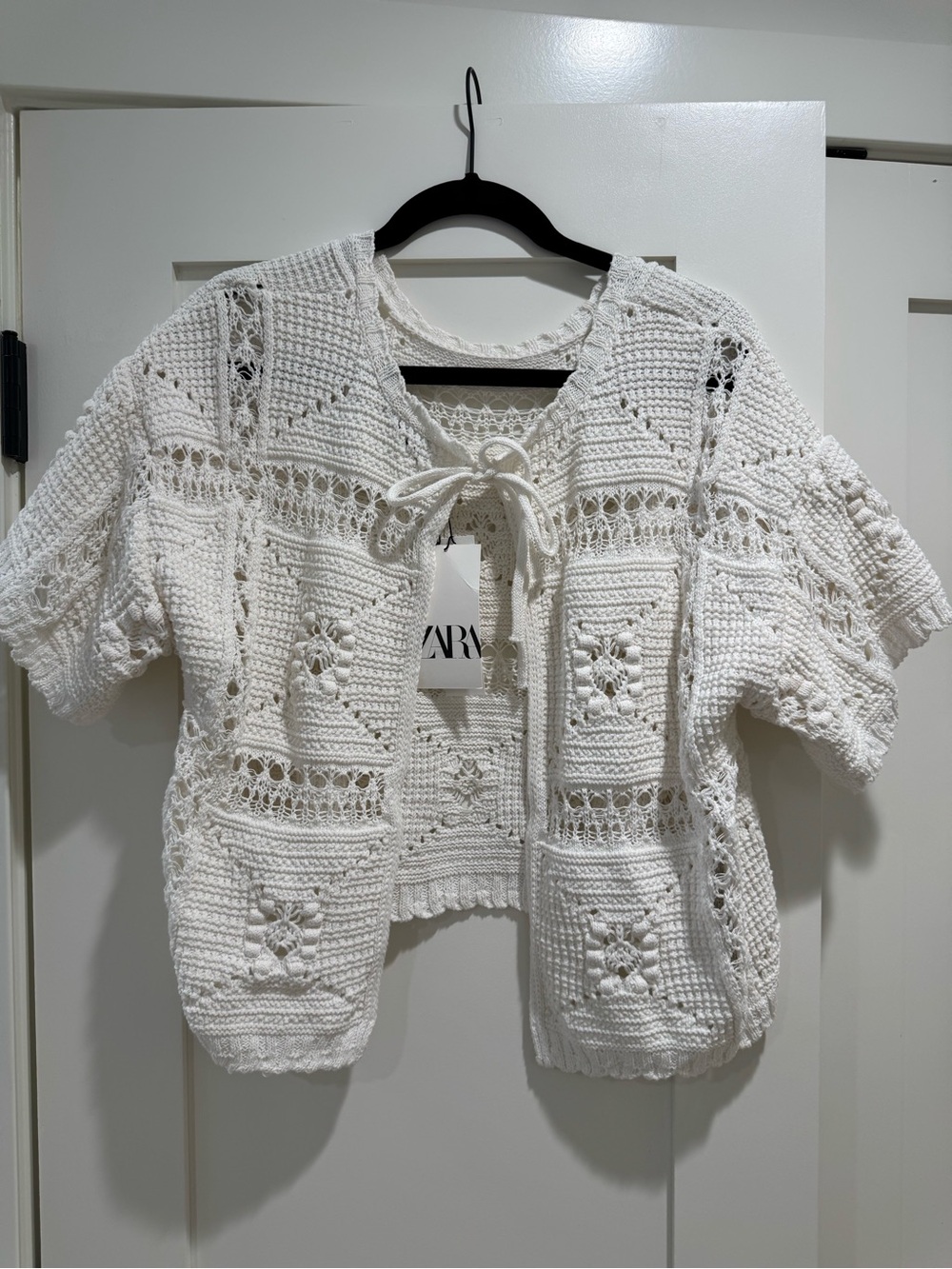 Zara White Crochet Tie-Front Cardigan